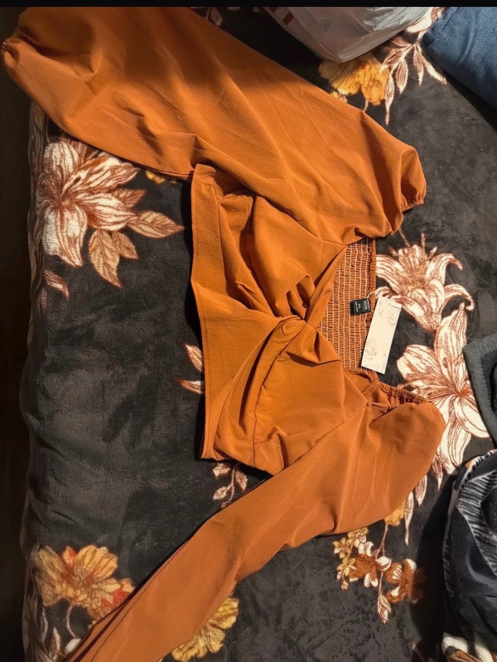 SHEIN Rust Orange Twist Front Long Sleeve Crop Top